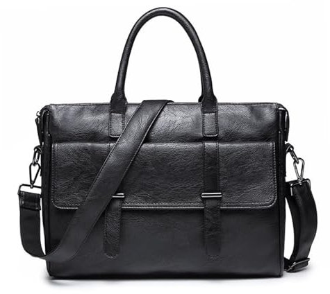 Wesoke Umhängetasche aus Leder, große Aktentasche für Herren und Damen, wasserdichte Umhängetaschen mit verstellbarem Schultergurt für Geschäftsreisen, Schwarz