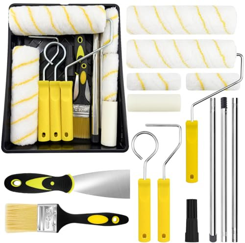 12 Pieces Paint Roller Set, Paint Rollers and Trays Sets with Paint Brushes, Large and Mini Roller Foam Roller Sets for Painting with Extension Pole, Roller Set for Walls Ceilings and Painting