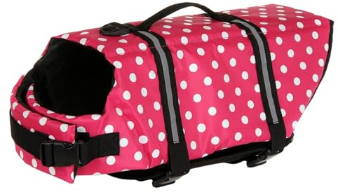 FANSU Gilet de Sauvetage pour Chien avec Poignée, Gilet de Sauvetage Réglable pour Chiens de Petite, Moyenne et Grande pour Sécurité de l'eau Plage, Piscine (S,Points Roses)