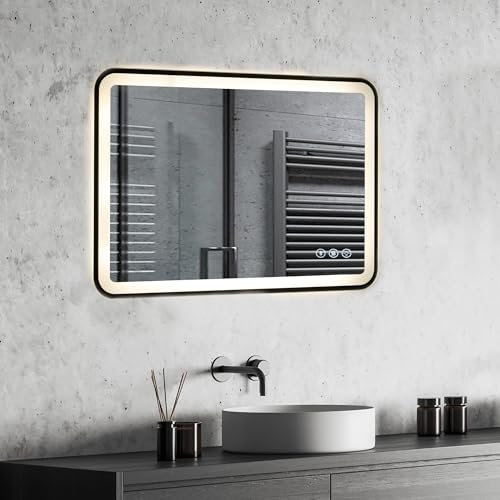 EROMMY 600 X 800 mm Illuminated Bluetooth Bathroom Mirror with shavor socket, Wall Mounted Smart LED Bathroom Mirror with Sensor Touch Control, 3 Colors Dimmable Light, Anti-Fog, Memory Function