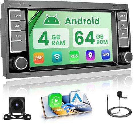 4+64GB Android 15 Radio de Coche Wireless Carplay para VW Touareg Transporter T5 Multivan Pantalla Táctil de 7 Pulgadas Radio con Android Auto, GPS, Bluetooth, Mirror Link, FM RDS, WiFi, SWC, EQ DSP