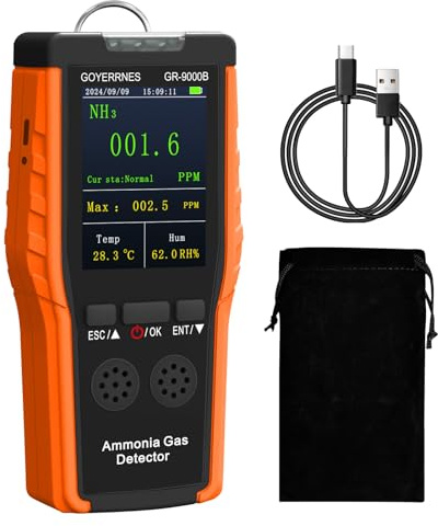 Ammoniak-Gasdetektor 0-100ppm mit Temperatur und Luftfeuchtigkeit | 0-100ppm NH3, Temperatur,Alarm, LCD, wiederaufladbar. Kontinuierliche Überwachung. Für Bauernhöfe und Tierhaltung.