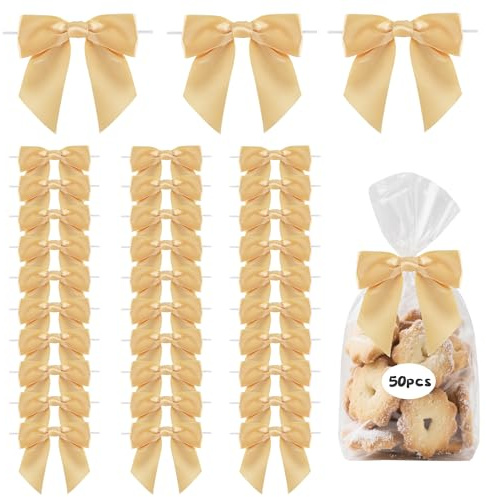 TONIFUL 50pcs Gold Satin Ribbon Bows with Twist Tie, 4.5 Inch Decorative Bows for Gift Wrapping, Treat Bags, Crafts, Bottles, Christmas Tree, Wedding, Baby Shower, Birthday Party Decorations