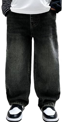 Happy Cherry Pantalones Vaqueros Niños Estilo Baggy Jean Elástico Cintura Pantalón de Pierna Ancha en Denim con Bolsillos para Niños de 5 a 14 Años, Negro , 13-14 años