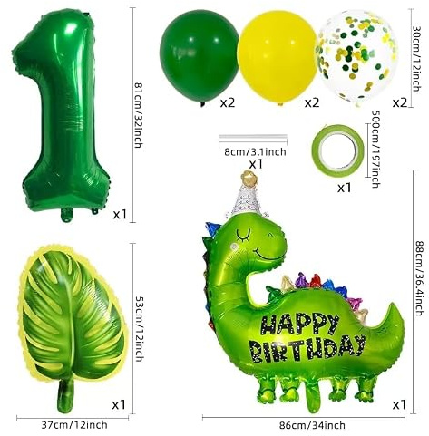 Dino Geburtstagsdeko Nummer 1, Dinosaurier Luftballon 1., Dino Geburtstag Deko 1, Dinosaurier Happy Birthday Ballons 1 (Grün)