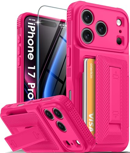 Oterkin for iPhone 17 Pro Case Wallet, Built-in Card Holder (4-5 Cards) & Kickstand, [RFID Blocking][9H Screen Protector][Full Camera Protection] Rugged Silicone Phone Case for iPhone 17 Pro, Pink