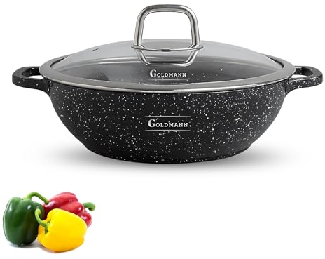 GOLDMANN Premium Gussaluminium Servierpfanne 24 cm (2,5 L) mit Glasdeckel – Keramik Marmor Antihaftbeschichtung, Für alle Herdarten inkl. Induktion, PFOA-frei & Spülmaschinengeeignet