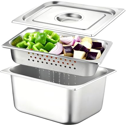 1/2 Gastronormbehälter, Panierschalen mit Dünsteinsatz und Deckel, Panierschalen Set 3-teilig 32,5x17,5x6,5 cm, Edelstahl Panierset für Koteletts, Warmhaltebehälter Essen für Schnitzel Fleisch Fisch