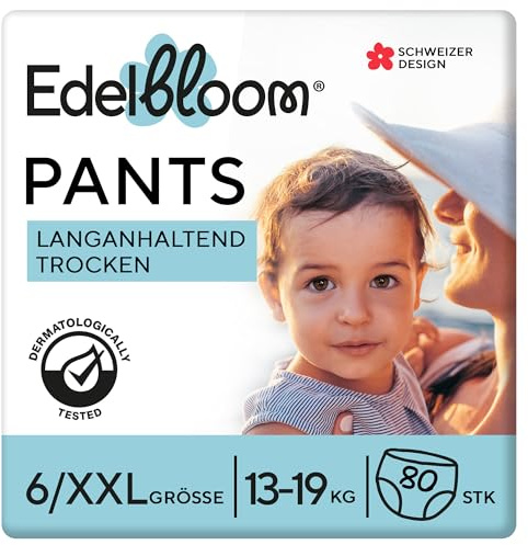 Edelbloom Premium 80 Windelhöschen Größe 6 (13–19 kg), Ultra-Saugfähig & Atmungsaktiv, Hypoallergen, Extra Weich & Sanft für Babys, Dermatologisch Getestet, Sicherer Auslaufschutz, Für Tag & Nacht