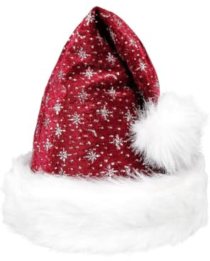 Santa Magix Weihnachtsmütze mit Pelzrand und Glitzer Nikolausmütze glänzende Xmas Mütze Partyhut Unisex Kostüm Accessoire für Damen Herren Weihnachtsfeier Nikolaus