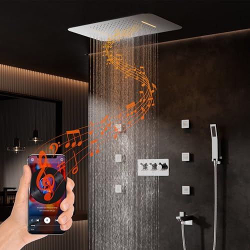 Système de Douche Musique, Multifonctionnel Colonne Douche Encastrable avec Musique e 64 Couleurs LED, Colonne de Douche avec 580×380 mm Tete de Douche Pluie, Douche à Main, 6 PCS Buse de Massage