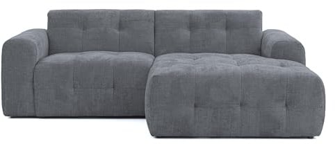 Modernes Ecksofa mit Ottomane rechts und raffinierten Steppungen, B234/T161/H79 cm, mit Wellenunterfederung, angenehm weicher, strapazierfähiger Chenille-Bezug in Grau / 21045