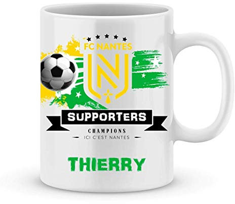 ÉNJA Création. Mug de foot NANTES à personnaliser avec prénom et numéro au choix - Cadeau personnalisé foot Ligue1 FC NANTES. Cadeau prénom origianal. Fête, anniversaire, noël