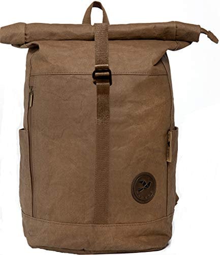 Papero ® Rucksack aus Kraft- Papier | Ultra minimalistisch Herren Damen, Robust, Wasserfest Vegan nachhaltig Urban Style FSC Zertifiziert | Kurier Taschen, Rolltop, Laptopfach für Uni (Braun-Grun)