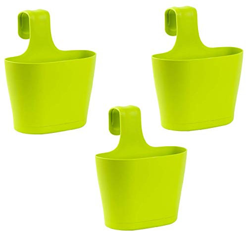 3X Blumenkasten oval 2,8 Liter Balkon Übertopf Pflanzkasten Blumentopf zum Hängen mit 1. Bügel und Wasserspeicher Farbe Grün