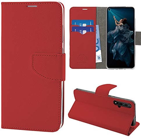 Newtop HQ Lateral Cover Custodia Libro Flip Magnetica Portafoglio Simil Pelle Stand Compatibile per Huawei Nova 5T/Honor 20 (Rosso)