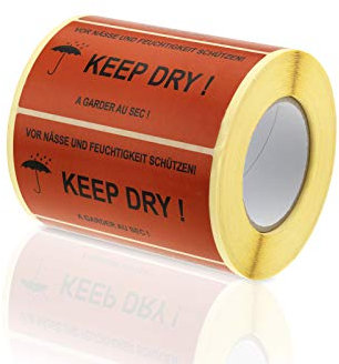 WPTrading - 1000 Warnetiketten Vor Nässe und Feuchtigkeit schützen - Keep Dry ! 145 x 76 mm in Rot (11) - Selbstklebende Versand- & Paketaufkleber auf Rolle - Versand-Etiketten zur Kennzeichnung
