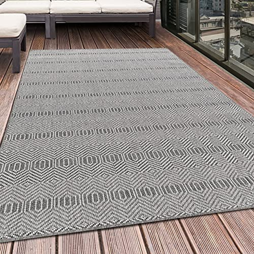 HomebyHome In- & Outdoor Teppich 240x340 cm, Wetterfest & Robust, Flachgewebe mit Modernem Ethno Look Boho-Design in Grau & Creme, Rechteckig für Terrasse, Balkon, Küche, Bad & Wohnzimmer