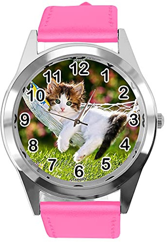 TAPORT E2 Quarz-Armbanduhr fur Katzchen-Fans, Leder, Hot Pink