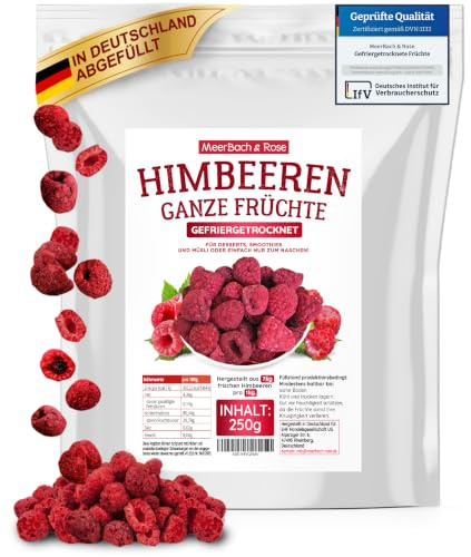 Gefriergetrocknete Himbeeren 250g – Ganze Früchte, OHNE Zusätze | 100% Frucht - knusprig und vegan – KEINE Chinaware. MEERBACH & ROSE – Premium Qualität aus Deutschland