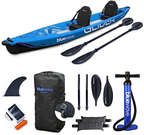 Bluewave Inflatable Kayak - Double - Complete Set Including 'Glider' 2-Person Kayak, Seats, Paddles, Fin, Storage Bag & Pump Included – The Complete Tandem Kayaking Package (Blue)