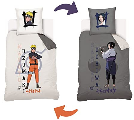 Naruto - Housse De Couette Réversible Naruto & Sasuke 140x200 cm + 1 Taie d'oreiller 63x63 cm - Ecru/Gris