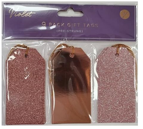Violet Luxury Christmas Tags - Pre-Strung, Modern - Pack of 9 (Rose Gold)