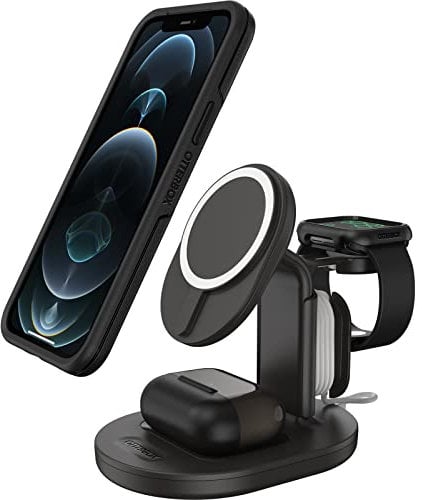 OtterBox Soporte Cargador Inalámbrico 3 en 1 de diseño Elegante y Ligero, con Fuerte alineamiento y fijación Magsafe, para iPhone, AirPods y Apple Watch, Negro