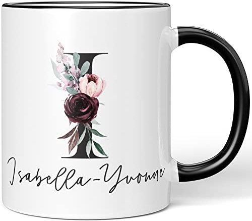 JUNIWORDS Tasse, Isabella-Yvonne, Name Anfangsbuchstabe Initial Alphabet Floral Buchstabe I Monogramm Motiv, Schwarz (5575267)