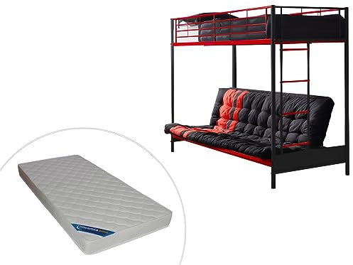 Vente-unique-Hochbett mit Schlafsofa mit Matratze + Futonmatratze - 90 x 190 cm - Metall - Rot & Schwarz - MODULO V