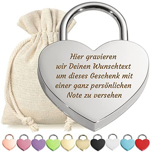 Herz Liebes-Schloss Bügelschloss Vorhängeschloss Silber Gravur mit Schlüssel - Wunschtext - Metall eloxiert - Geschenkbeutel - Geschenk Liebesgeschenk Valentinstag Jahrestag - Paar Ehepaar