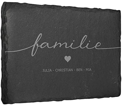 Gravierte Deko Schiefertafel ''Familie'' personalisiert mit Vornamen - 40x30 cm - Laser Gravur auf Natur-Schiefer - auswählbare Befestigungsoptionen - Schieferplatte Haustür Türschild Familienschild