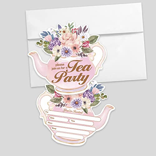 AEHIE 20 Sets Teeparty-förmige Blumenausfüll-Einladungen mit Umschlägen, Gartentee-Party-Einladungskarten für Frauen, Damen, Mädchen, Erwachsene, Teezeit-Party-Einladungen