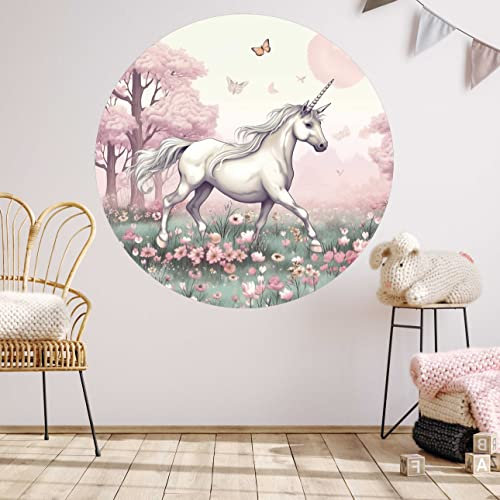 WANDKIND Einhorn Wandtattoo Rund Kinderzimmer V417 | handgezeichnet | AUFKLEBER Kindergarten | Wandsticker Babyzimmer | Blumenwiese (120 x 120 cm)
