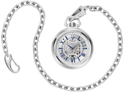 Bulova Men's Classic Sutton Automatic Pocket Watch, 3-Hand Stainless Steel Dial with Detachable Chain, Style:96A304