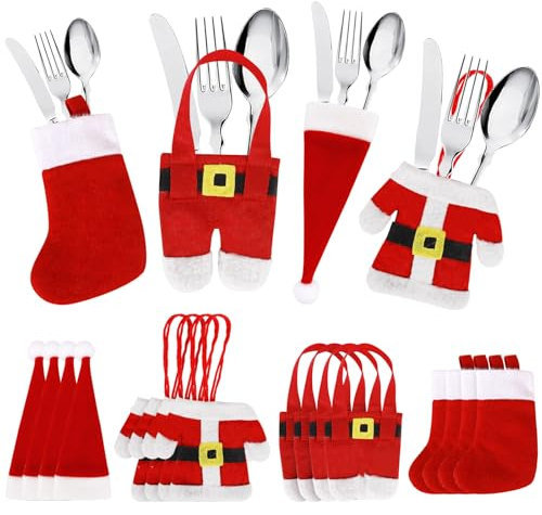 AQXONG Porta Cubiertos Navideños, 16 Pcs Bolsa de Cubiertos Navideña, 4 Diseños de Patrones - Pantalones/Calcetines/Ropa/Gorros Navideños, Vajilla Dulces Botella De Vino Decoración Navideña