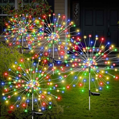 Solar Lights for Garden Decoration,4x150 LED Christmas Fairy Lights Solar Powered Starburst Lights Outdoor Firework Decorative Lamp Pathway Lighting 8 Different Modes Waterproof Colored 4 Pack