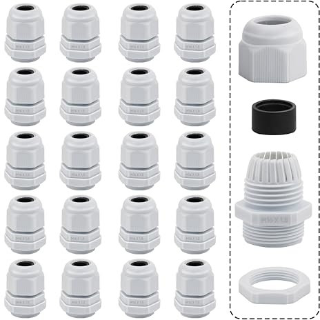 Pack of 20 Waterproof Cable Glands, M16 White, Adjustable Cable Gland with Nut for Attaching Cable Glands for Outdoor Garden Garage Junction Box