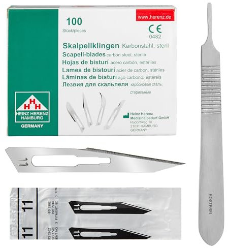 Lot de 100 lames de scalpel stériles Figure 11 en acier au carbone – Lames de rechange + 1 x Shehadeh – Support de scalpel – Acier inoxydable