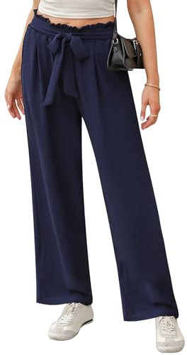 iClosam Stoffhose Damen Sommer Flowy Wide Leg Freizeithose Casual Beach Strandhose High Waisted Kordelzug Palazzo Hosen mit Taschen Halara Hosen Lang Weite Hose Navy blau XL
