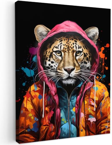 MuchoWow© Leinwand 60x80 cm Deko Schlafzimmer Aesthetic Leinwandbilder Wohnzimmer Gemälde Foto Geschenk Living Room Decoration Graffiti - Leopard - Tiere - Street Art - Schwarz