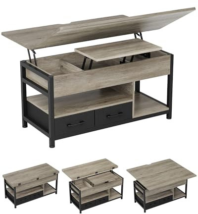 Mesa de Centro de Altura Ajustable, 3 en 1, Multifunción, Mesa de Salón, Mesas de Café con 2 Cajones, Almacenamiento Oculto, Compartimento Abierto, Mesas de Comedor, Sala de Estar, Oficina (Gris)