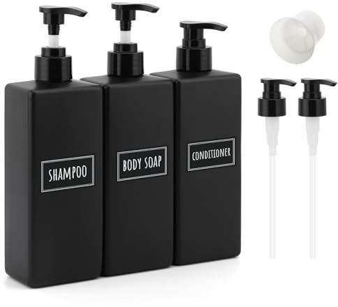Segbeauty Seifenspender Bad, 3 Stück 500ml Shampoo Spender, Seifenspender Schwarz Matt, Seifenspender Eckig mit Pumpkopf Zusätzlichen und Trichter