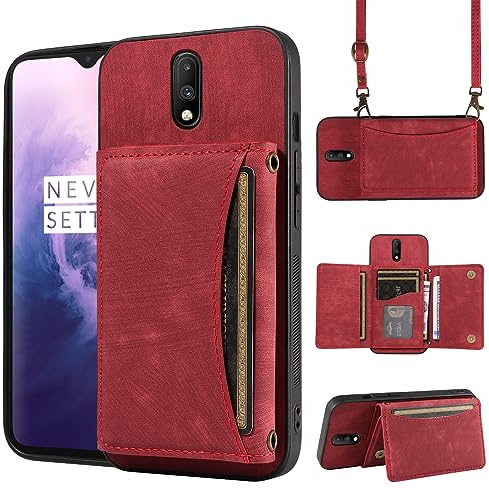 ELISORLI Schutzhülle für OnePlus 7 6T, Brieftaschen-Schutzhülle mit Schultergurt, Leder, Kreditkartenfach, dünn, OnePlus6T A6013, OnePlus7 GM1900, One Plus6T 1+ Plus7, 1 Plus, 1 Plus, T6, Mädchen, Rot