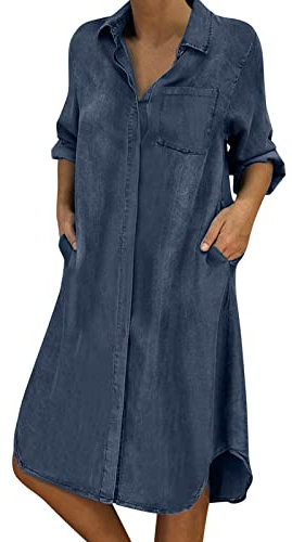 IQYU Jeanskleid Damen Knielang Plus Size Mit Taschen - Freizeitkleid Damen | Vintage Lang Sommerkleid Locker Stretch Hemdkleid Mit Knöpfen Elegant Strandkleid Jeanskleider Plus Size Blusenkleid