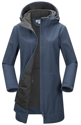 Outdoor Ventures Femme Veste softshell longue avec capuche doublée de polaire Veste coupe-vent imperméable pour femmes Veste coupe-vent imperméable, bleu marine, L