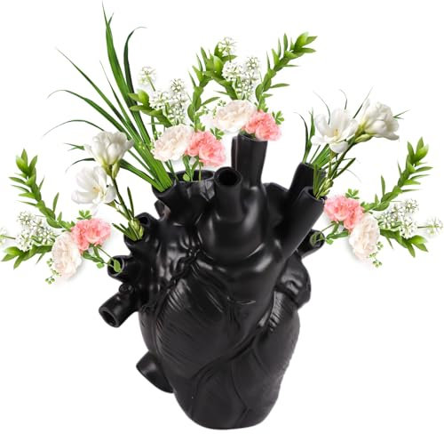 Herzvase, Blumen, 3D, anatomisch, dekorativ, Kunstharz, moderner Stil, Dekoration für Wohnzimmer, Bücherregal, Esszimmer, Zuhause, 17 cm, Schwarz
