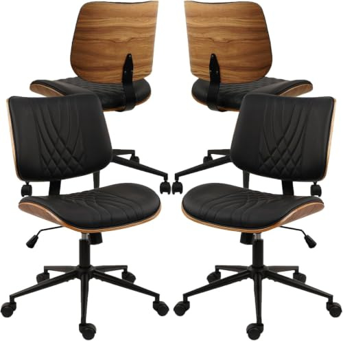 CLATINA Bürostuhl Schreibtischstuhl mit Rollen höhenverstellbarer Leder schwenkbarer Computerstuhl mit Mittelhochlehne moderner Nussbaum Stil für Home Arbeitszimmer Konferenzraum, Schwarz, 4er Set