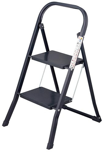 OurHouse Rubber Non-Slip 2-Tread Step Ladder, Lightweight and Sturdy Steel Frame, Portable Compact Design for DIY & Gardening, Indoor/Outdoor Use, 150kg Max Capacity (2-Tread)