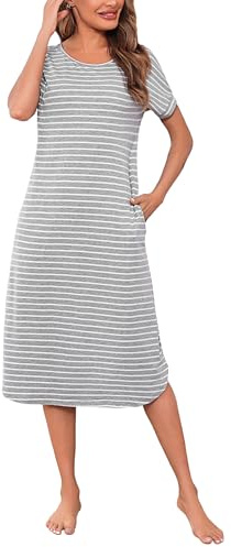 Litherday Chemise de Nuit Femme Longues Coton Robe de Nuit Col Rond | Manches Courtes Nuisette avec Poches Rayé Vêtement de Nuit